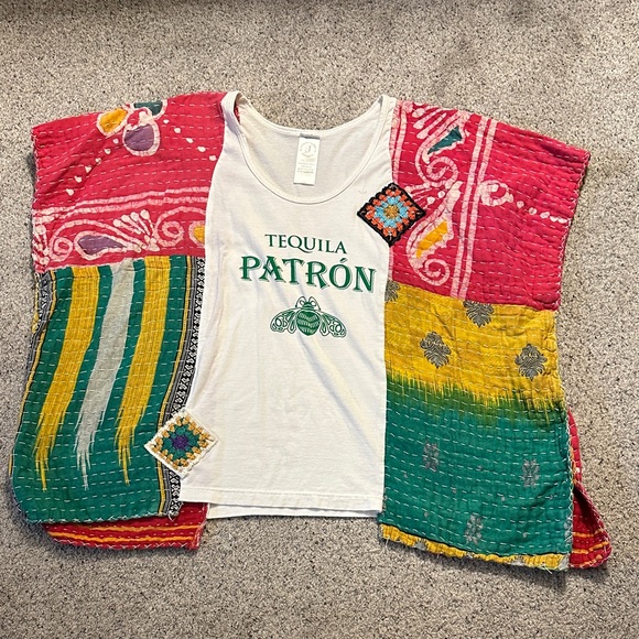 Handmade Tops - Upcycled Tequila Patrón Kantha Patchwork Embroidered Tee